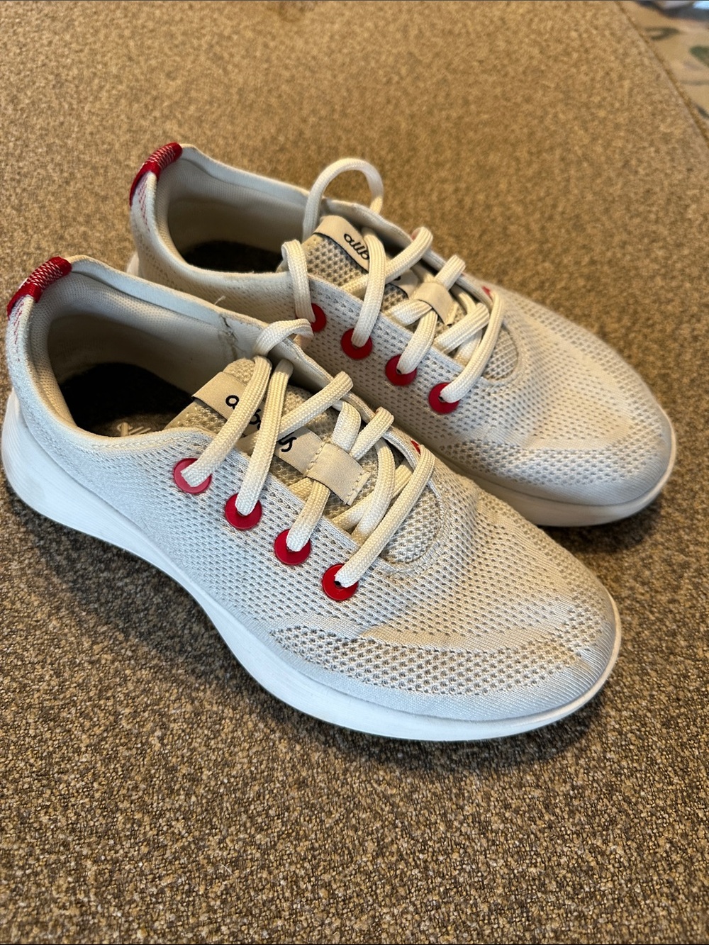 allbirds Women's White Mesh Sneakers with Red Eyelet Detail